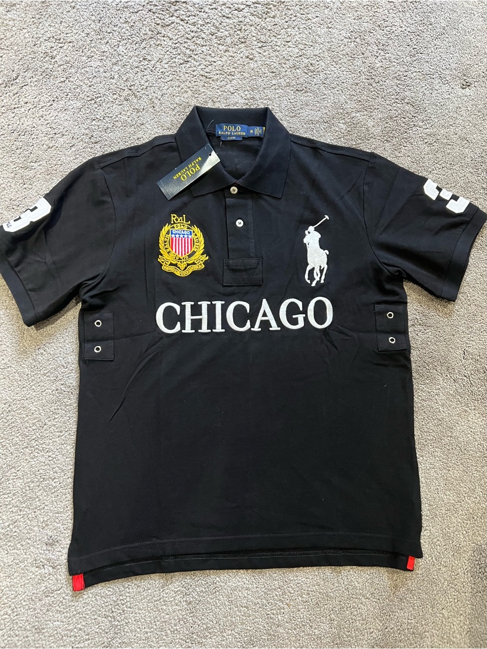 Ralph Lauren Black Polo with White Logo & Yellow Crest - CHICAGO